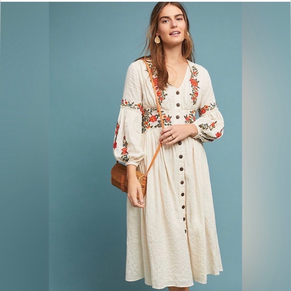 Anthropologie’s Maeve Brand Floral Embroidered Cream Midi Dress